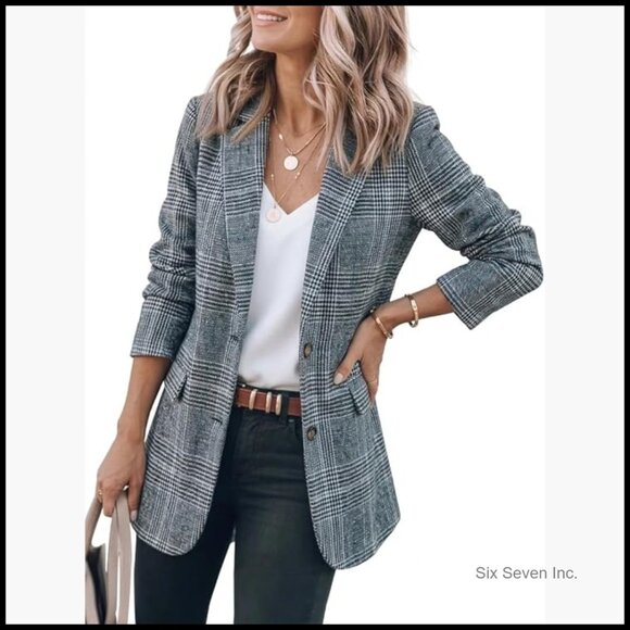 Polyester Tweed Blazer Notch Lapel Long Sleeve Business Casual